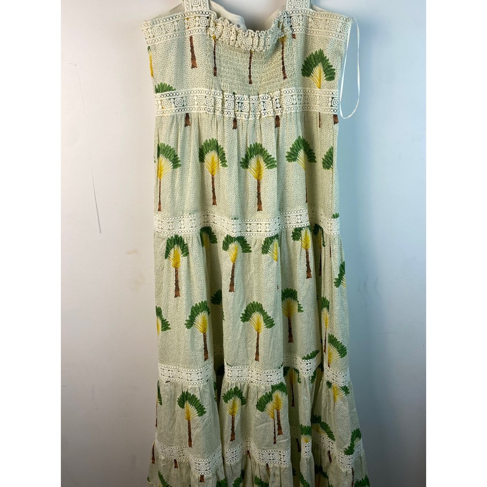 Calypso St Barth Tiered Maxi Dress Size L Palm Tree Print Crochet Trim Cotton - Picture 6 of 11
